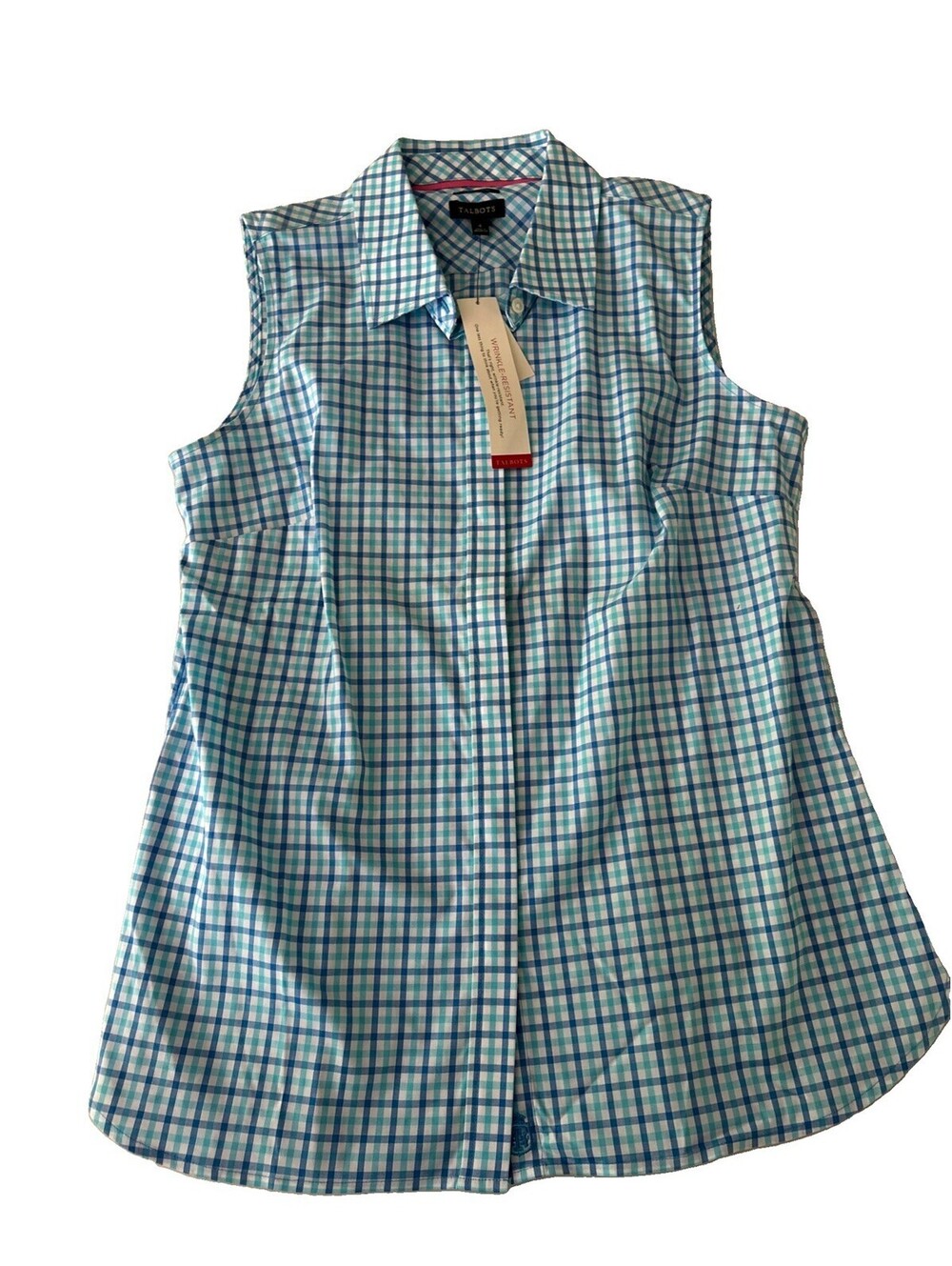 TALBOTS Women's Wrinkle Resistant Cotton Collar Tank Top Aqua Blue Plaid 4